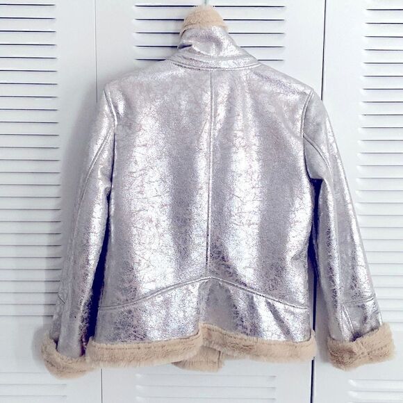Tommy Hilfiger Metallic Silver Faux Cracked Leather Shearling Coat Jacket - Picture 4 of 7